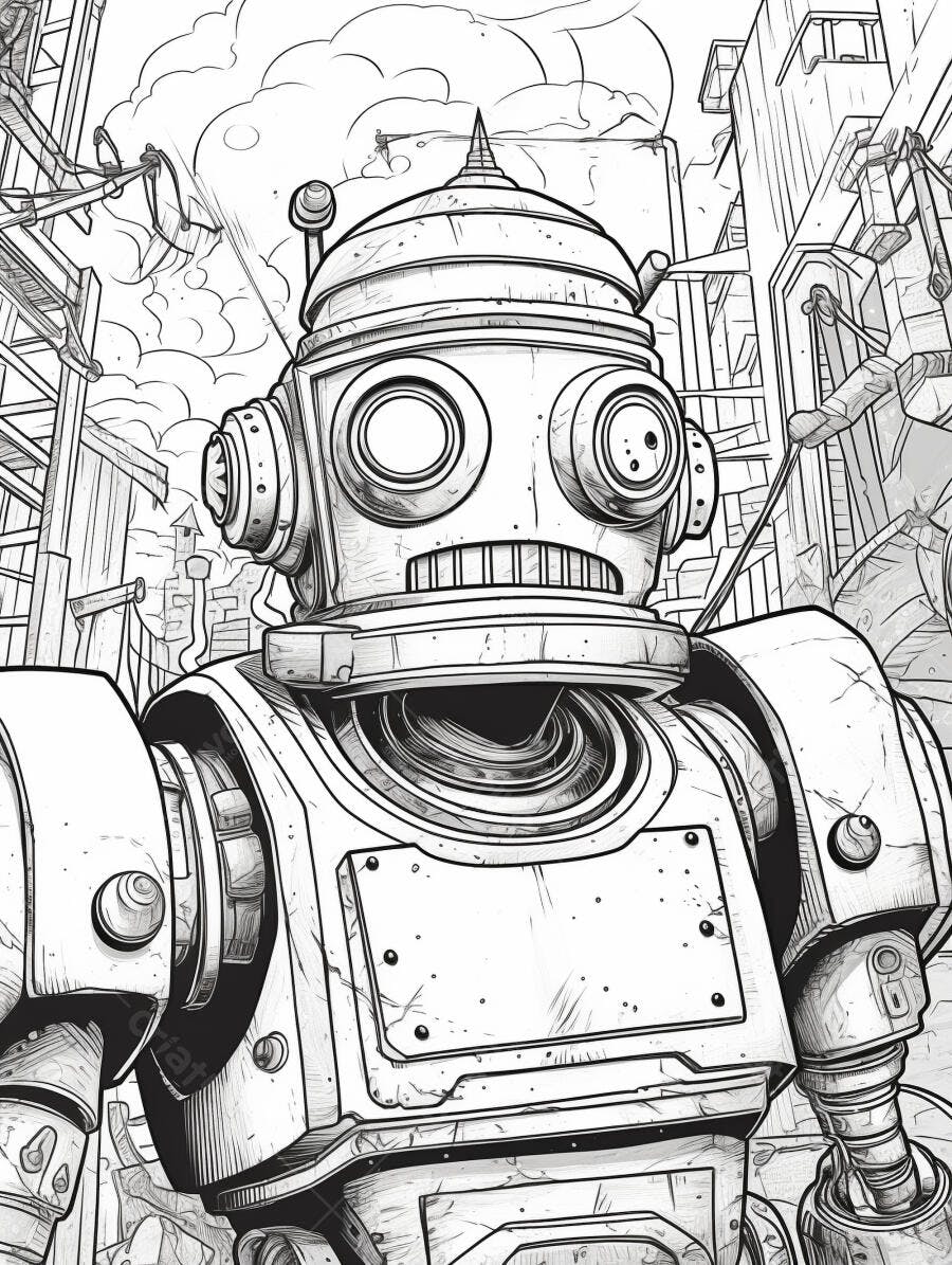 Robô retrofuturista em cidade industrial desenho preto e branco