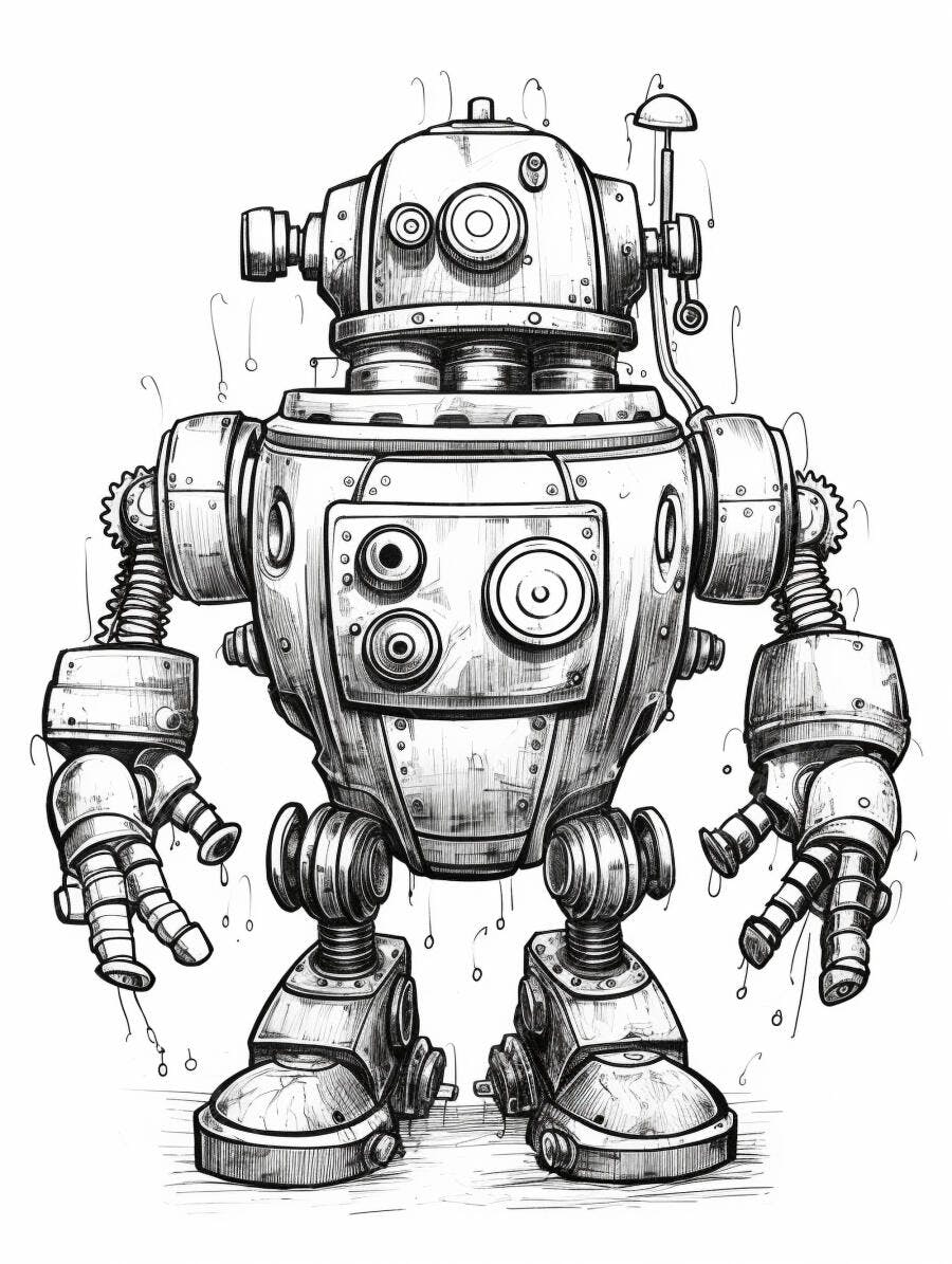 Robô vintage steampunk ilustração em preto e branco