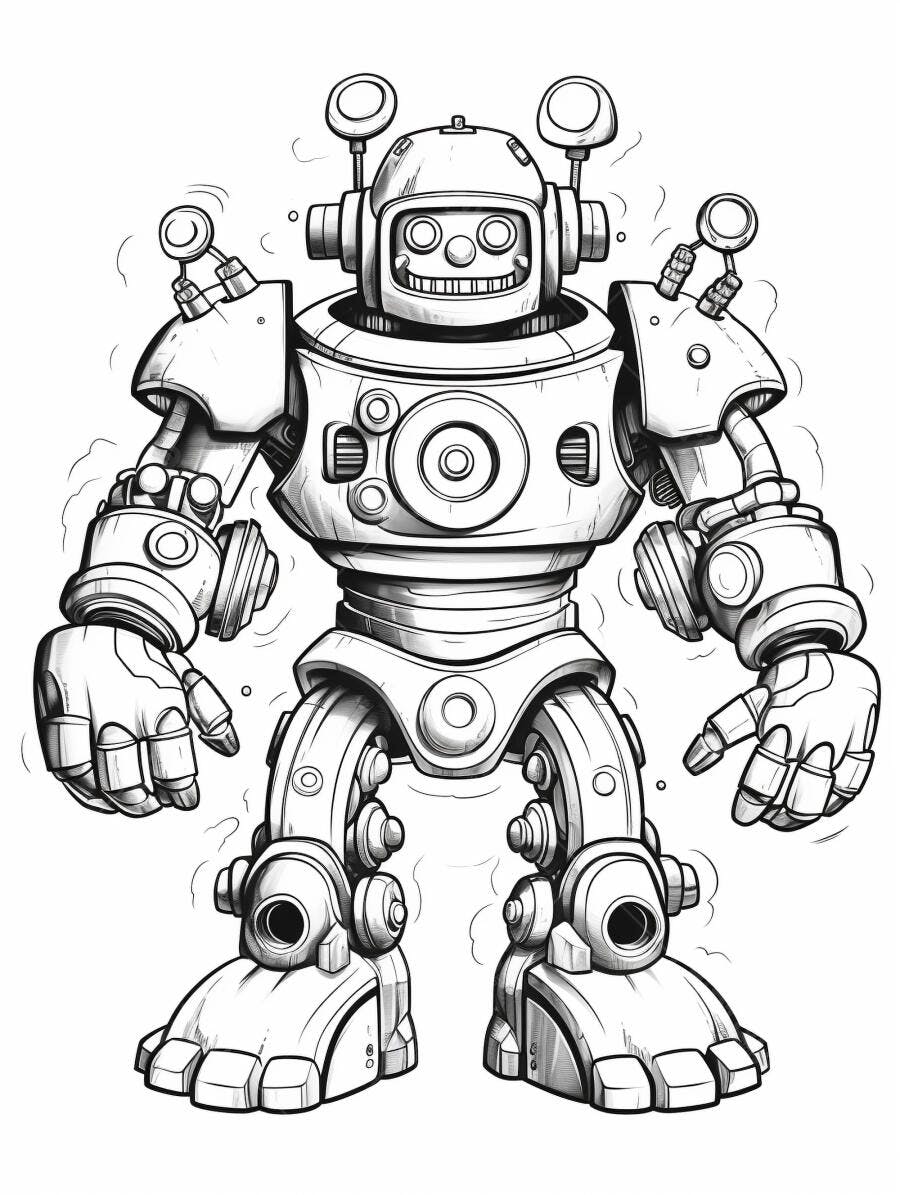 Robô amigável desenho preto e branco para colorir com sorriso largo