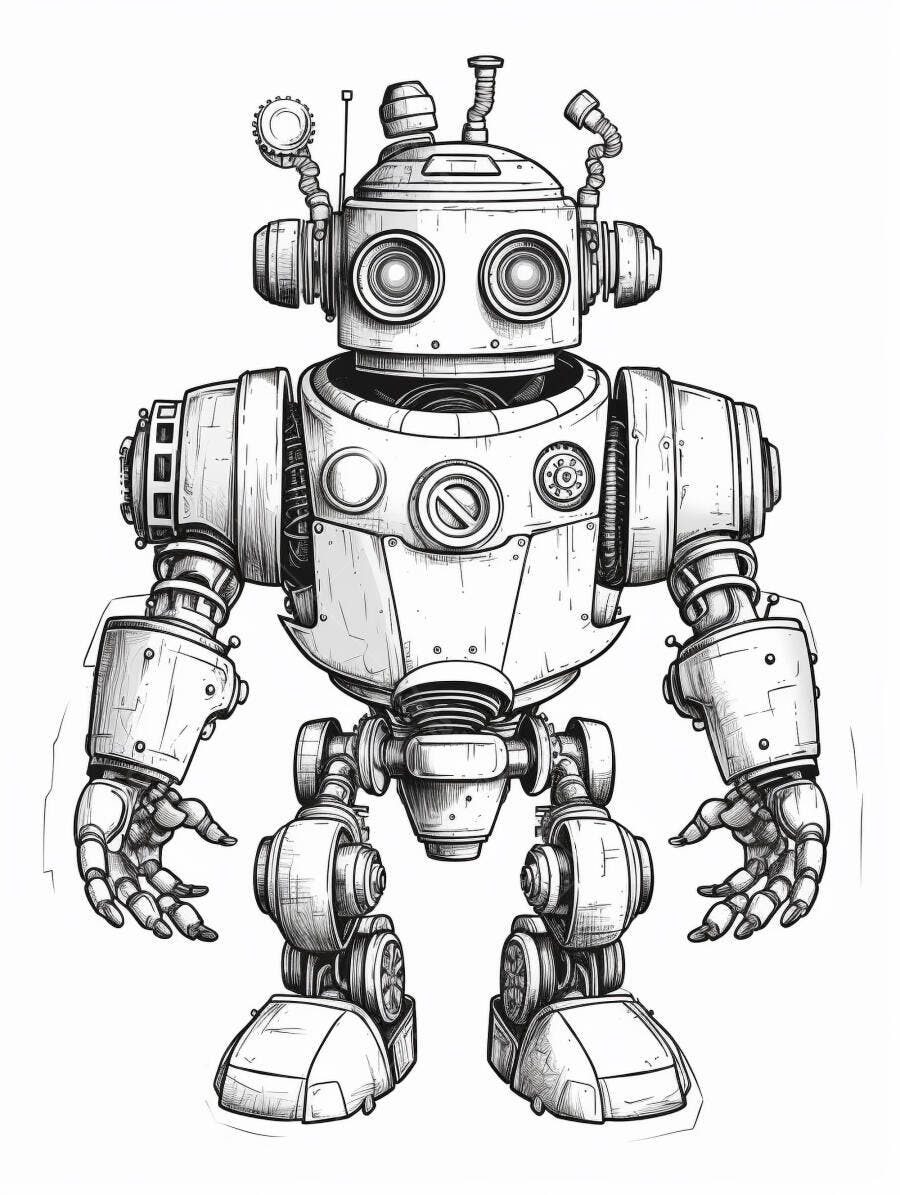 Robô vintage desenho linha preta branco detalhes mecânicos fofos