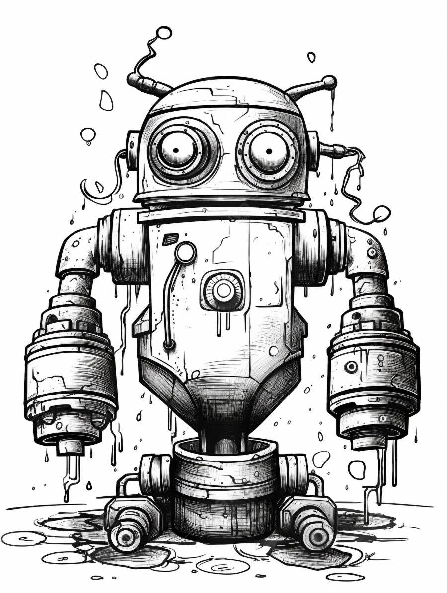 Robô vintage de metal em ilustração preto e branco com vazamentos e olhos grandes