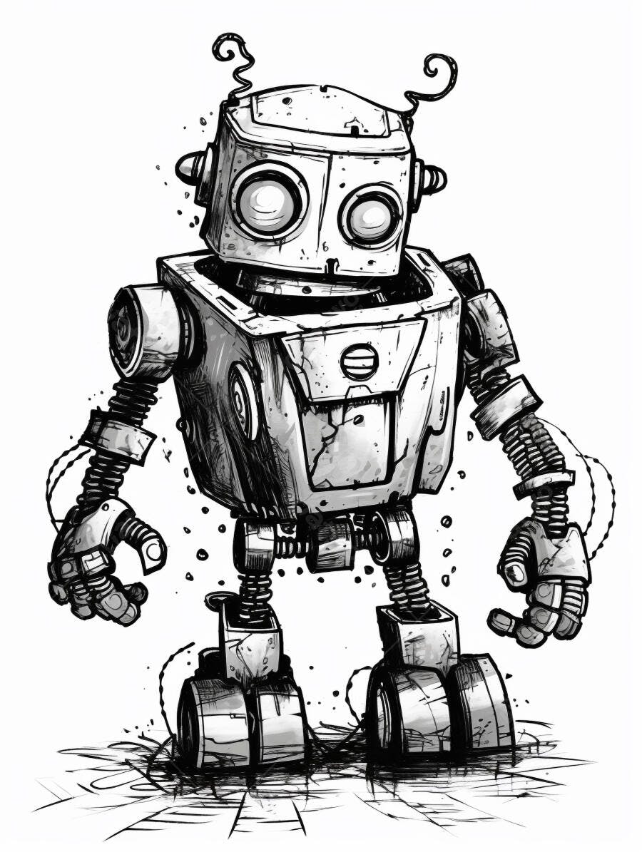 Robô vintage desenhado estilo cartoon em preto e branco