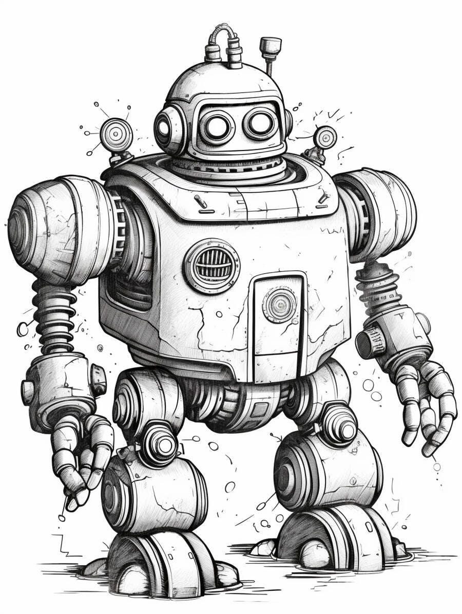 Robô vintage desenho de linha ilustração em preto e branco
