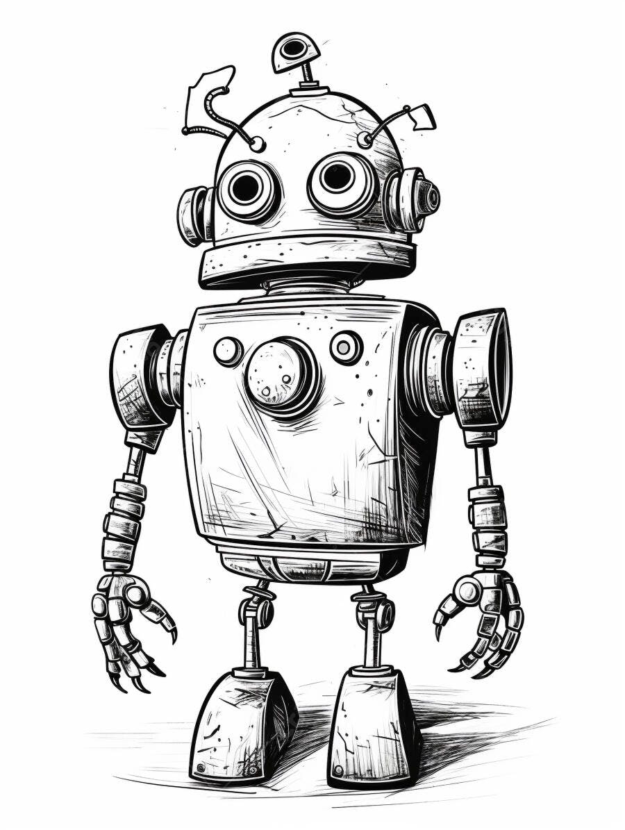 Robô vintage desenho preto e branco com antenas e olhos grandes
