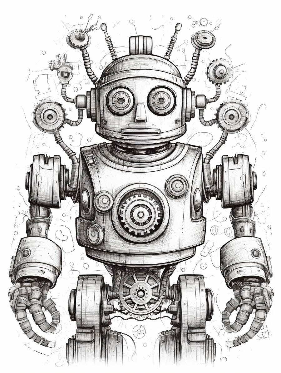 Robô vintage detalhado com engrenagens em desenho preto e branco