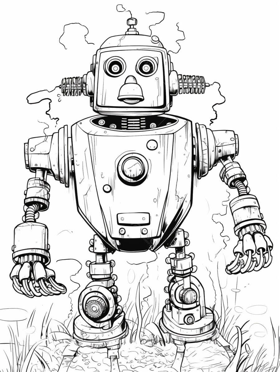 Robô vintage emaranhado na grama ilustração preto e branco