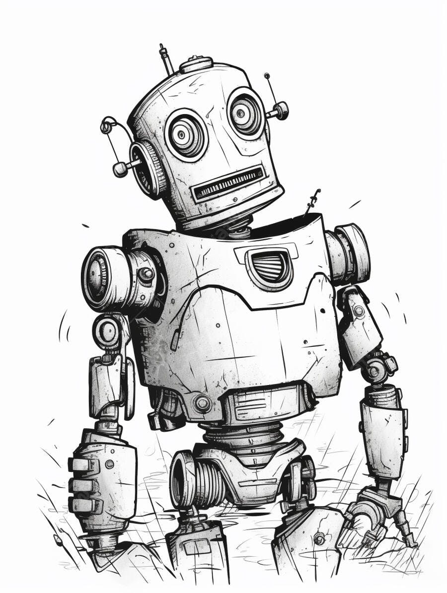 Robô vintage desenhado com olhar curioso em fundo branco
