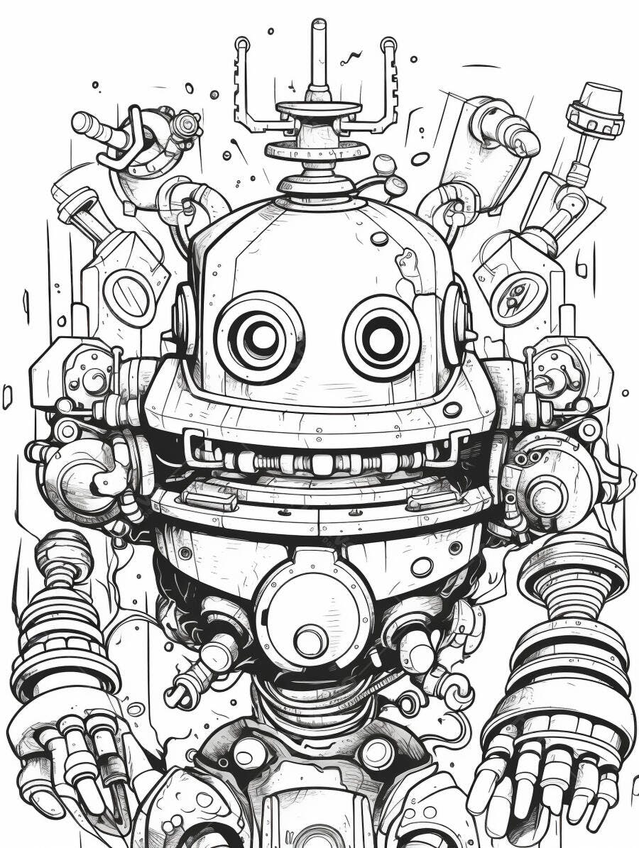 Robô ilustrado em preto e branco com design mecânico e olhos grandes