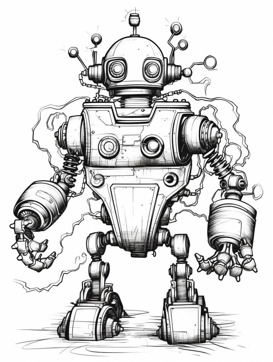 Robô vintage desenho em preto e branco estilo ficção científica detalhado