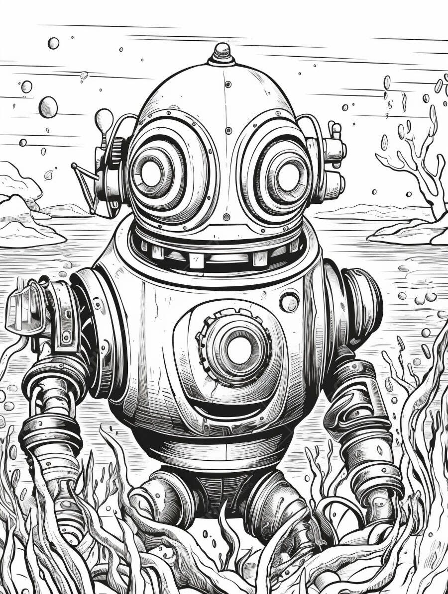 Robô mergulhador vintage em fundo do mar com algas e bolhas