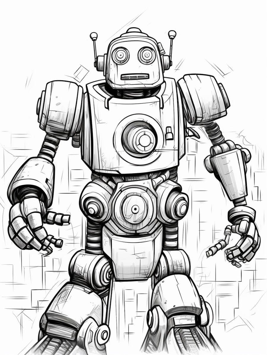Robô vintage futurista estilo quadrinhos com olhos redondos em desenho preto e branco