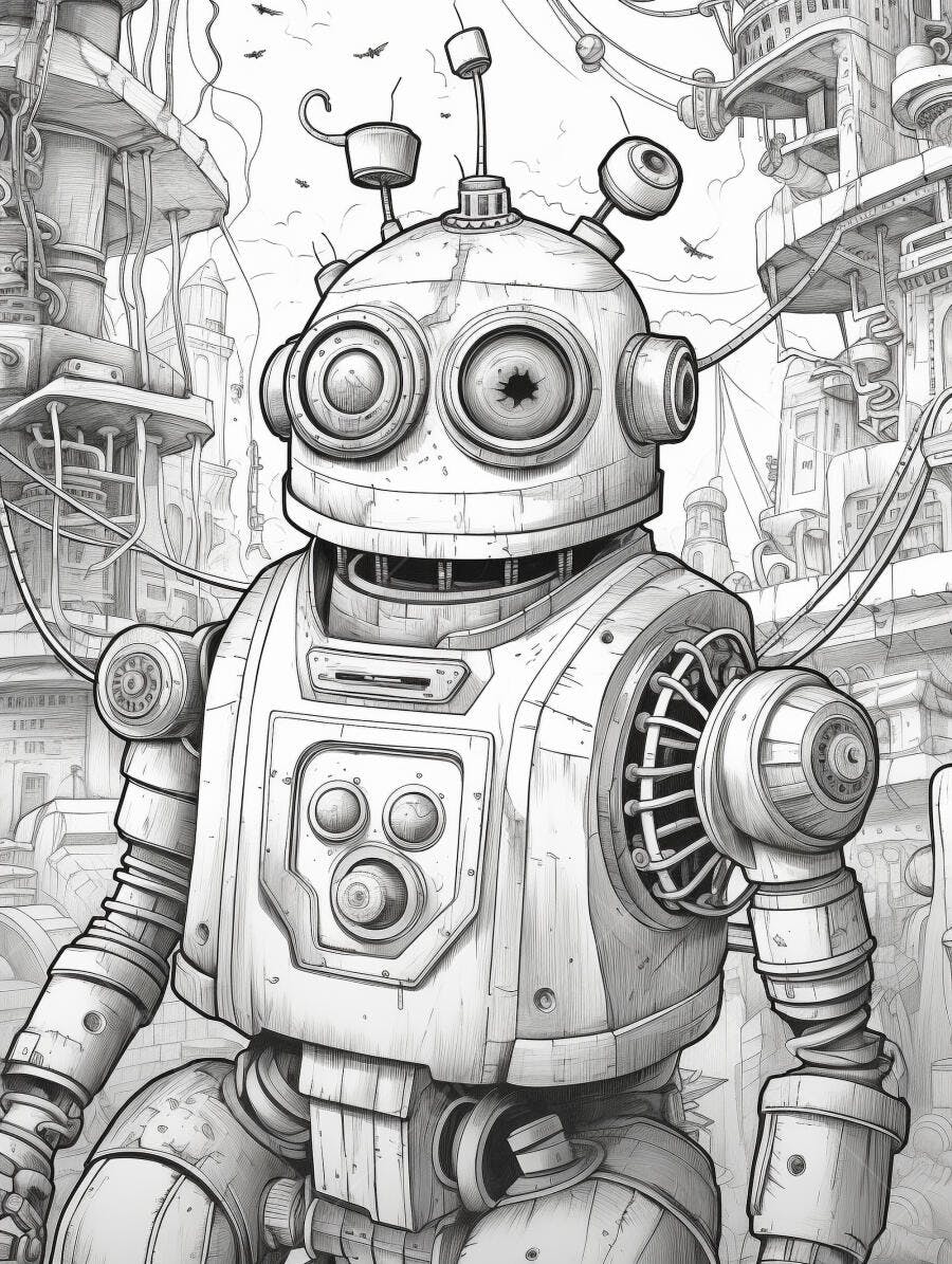Robô vintage com olhos grandes em cidade futurista ilustração monocromática