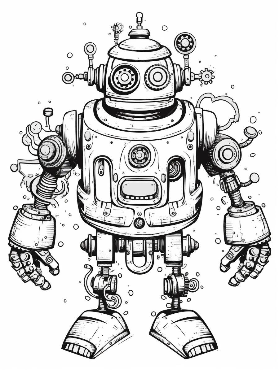 Robô estilo vintage para colorir em preto e branco com detalhes mecânicos