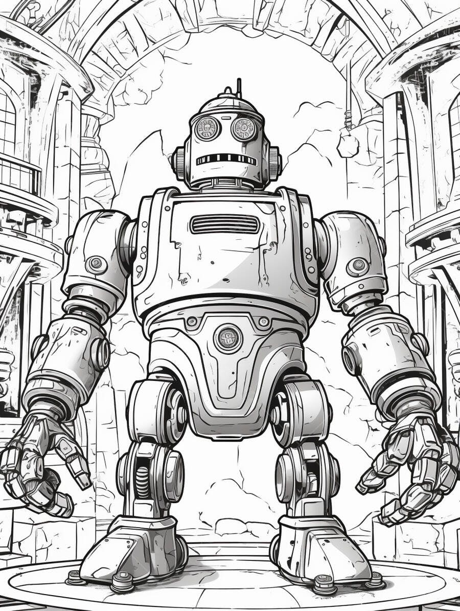 Robô vintage em ruínas antigas arte de colorir