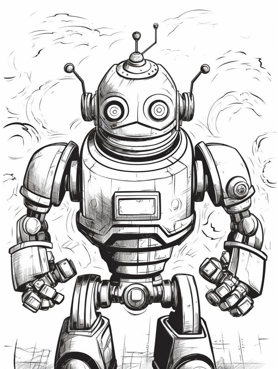 Robô vintage preto e branco em ilustração futurista
