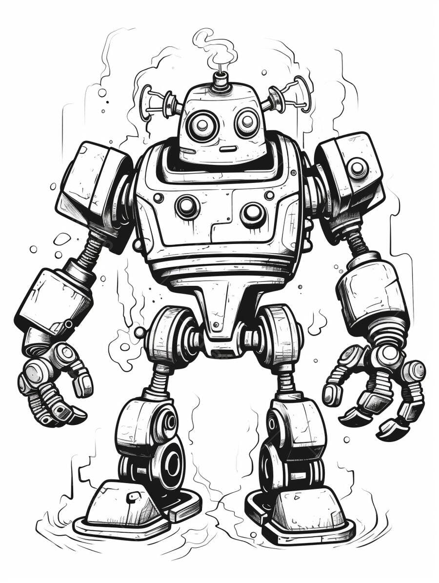 Robô vintage desenhado com traços a vapor em fundo branco