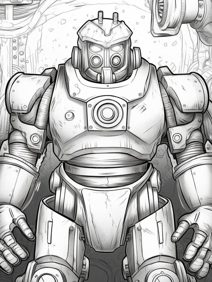 Robô blindado mecânico com olhos brilhantes ilustração preto e branco