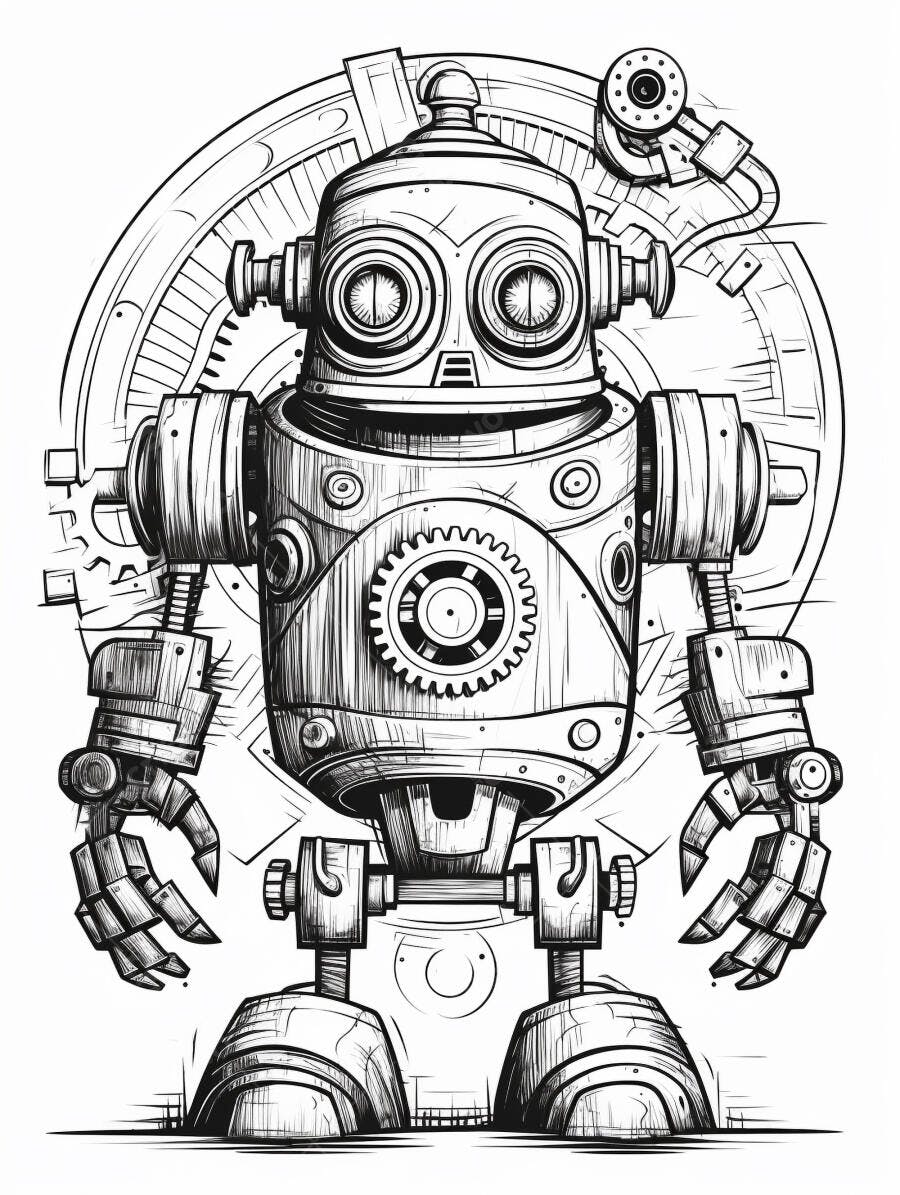 Robô steampunk vintage desenho de linha com engrenagens e olhos redondos