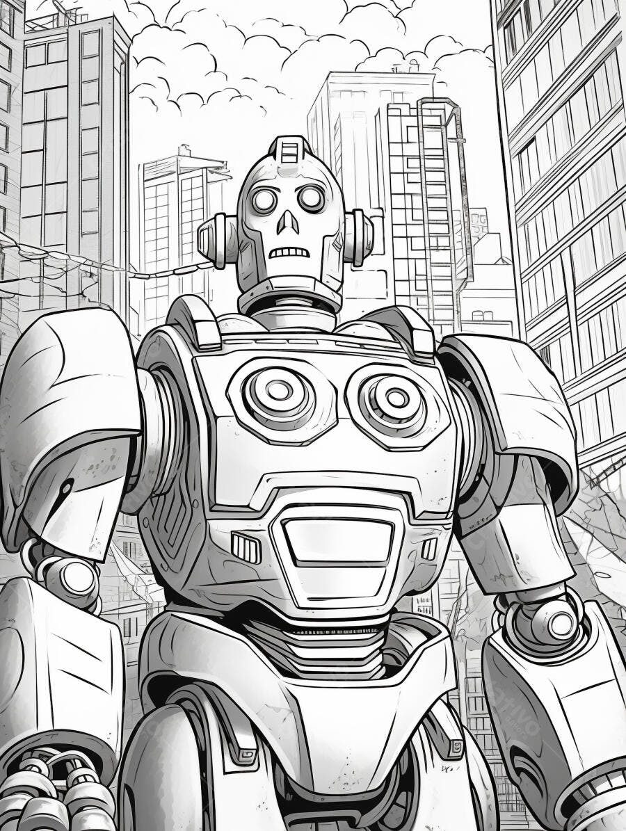 Robô gigante em cidade futurista ilustração preto e branco