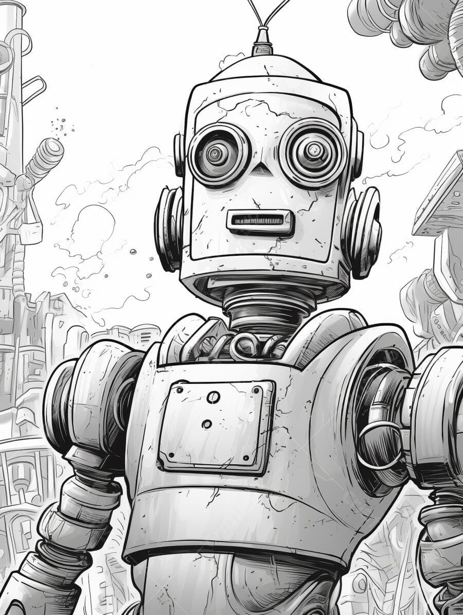 Robô vintage preto e branco em cidade futurista industrial