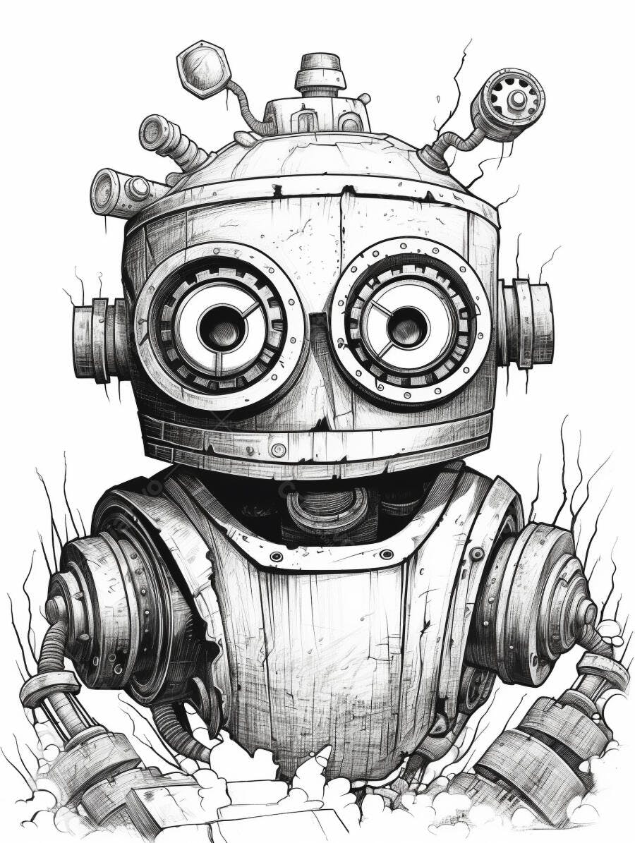 Robô steampunk vintage detalhado em preto e branco com grandes olhos gear