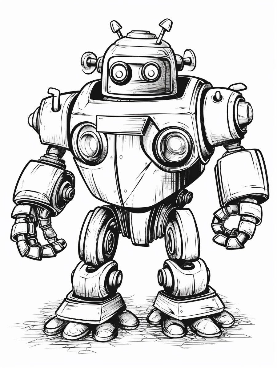 Robô simpático desenho de linha em preto e branco ilustração infantil