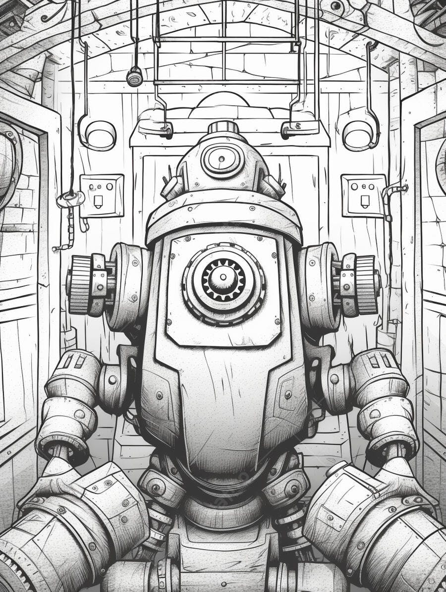 Robô mecânico detalhado em preto e branco estilo steampunk