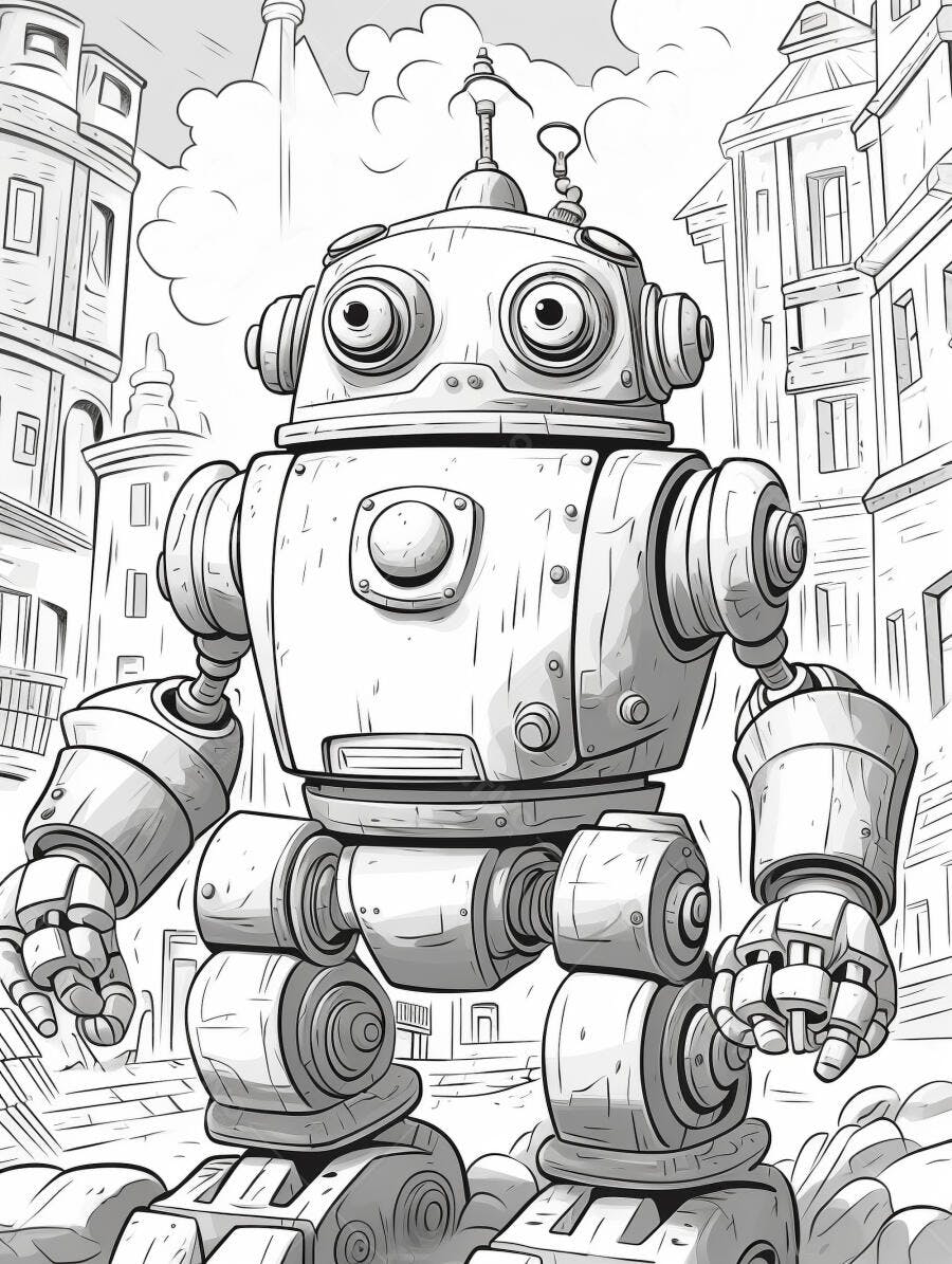 Robô vintage amigável em desenho de cidade para colorir