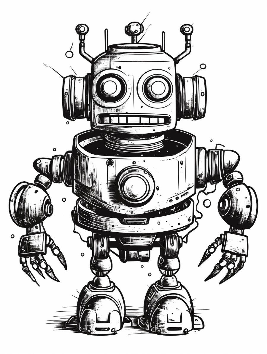 Robô vintage feliz desenho em preto e branco futurista