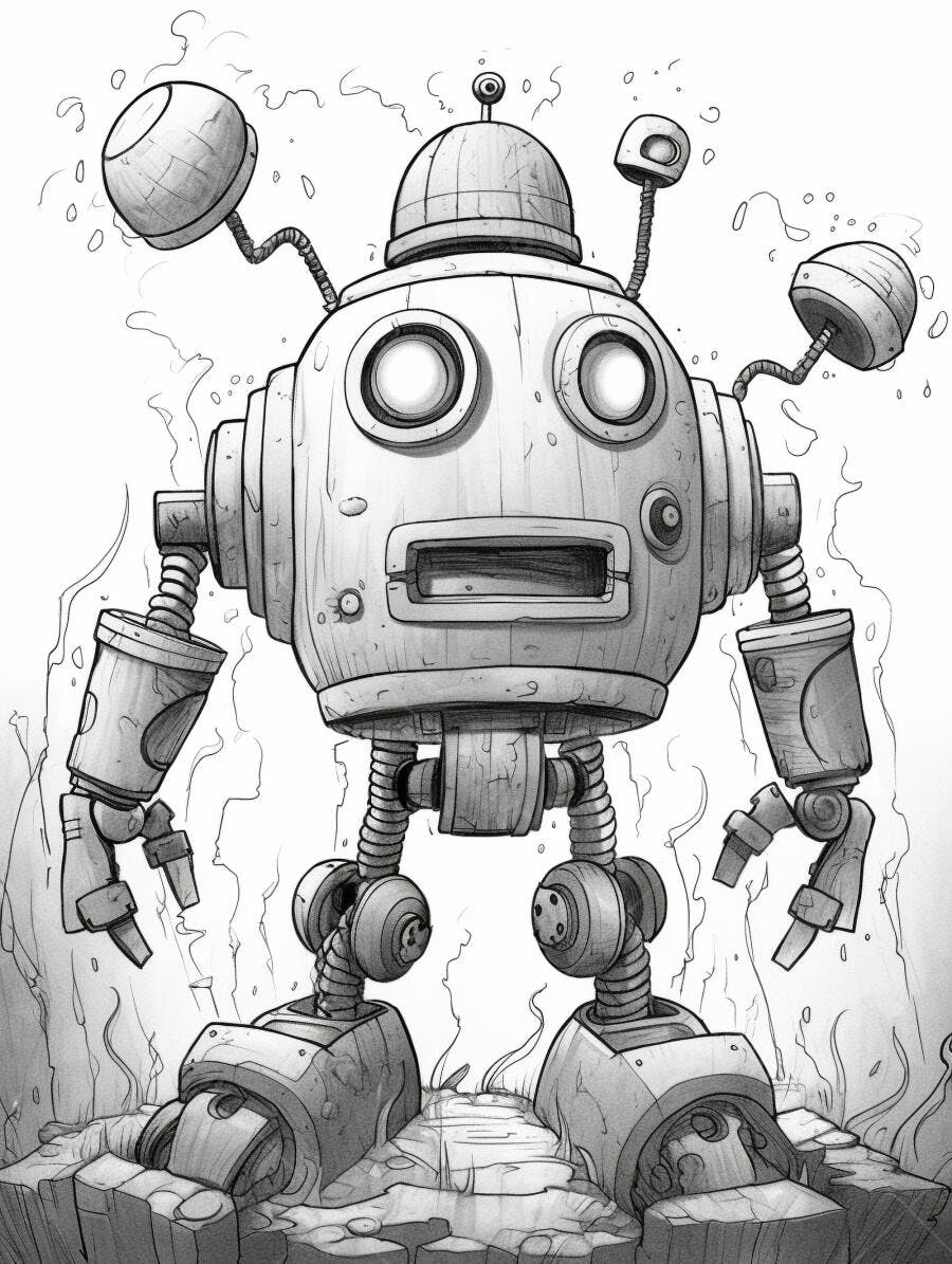 Robô ilustração vintage em preto e branco com fumaça em cenário rochoso