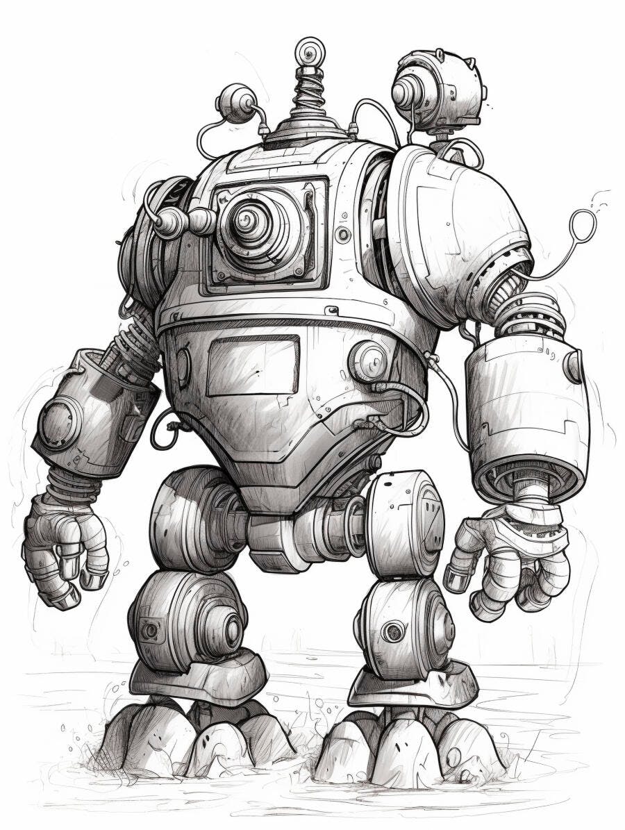 Robô mecânico detalhado em ilustração monocromática estilo esboço industrial