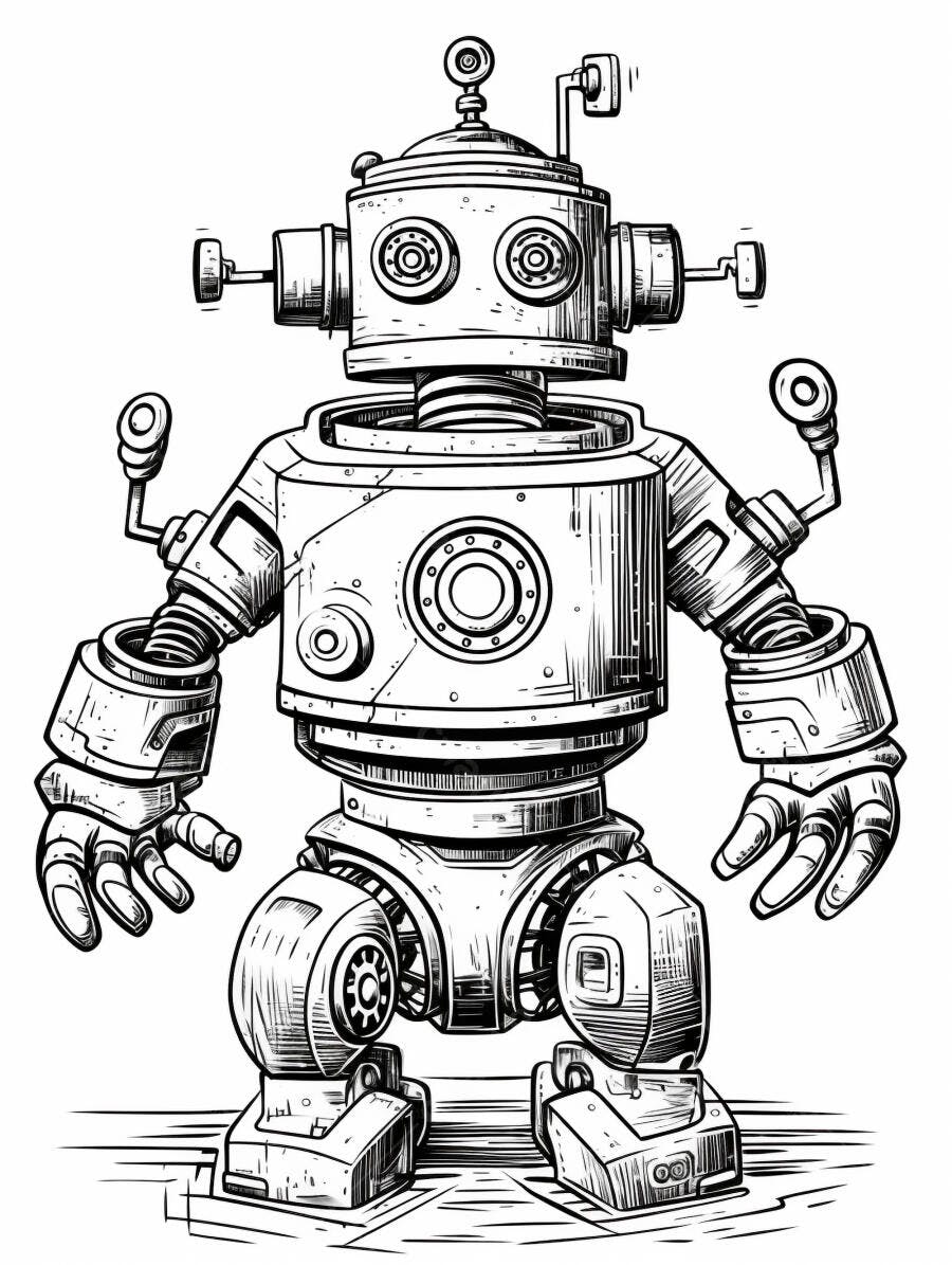 Robô vintage desenho de linha com olhos de engrenagem e antena estilo ilustração