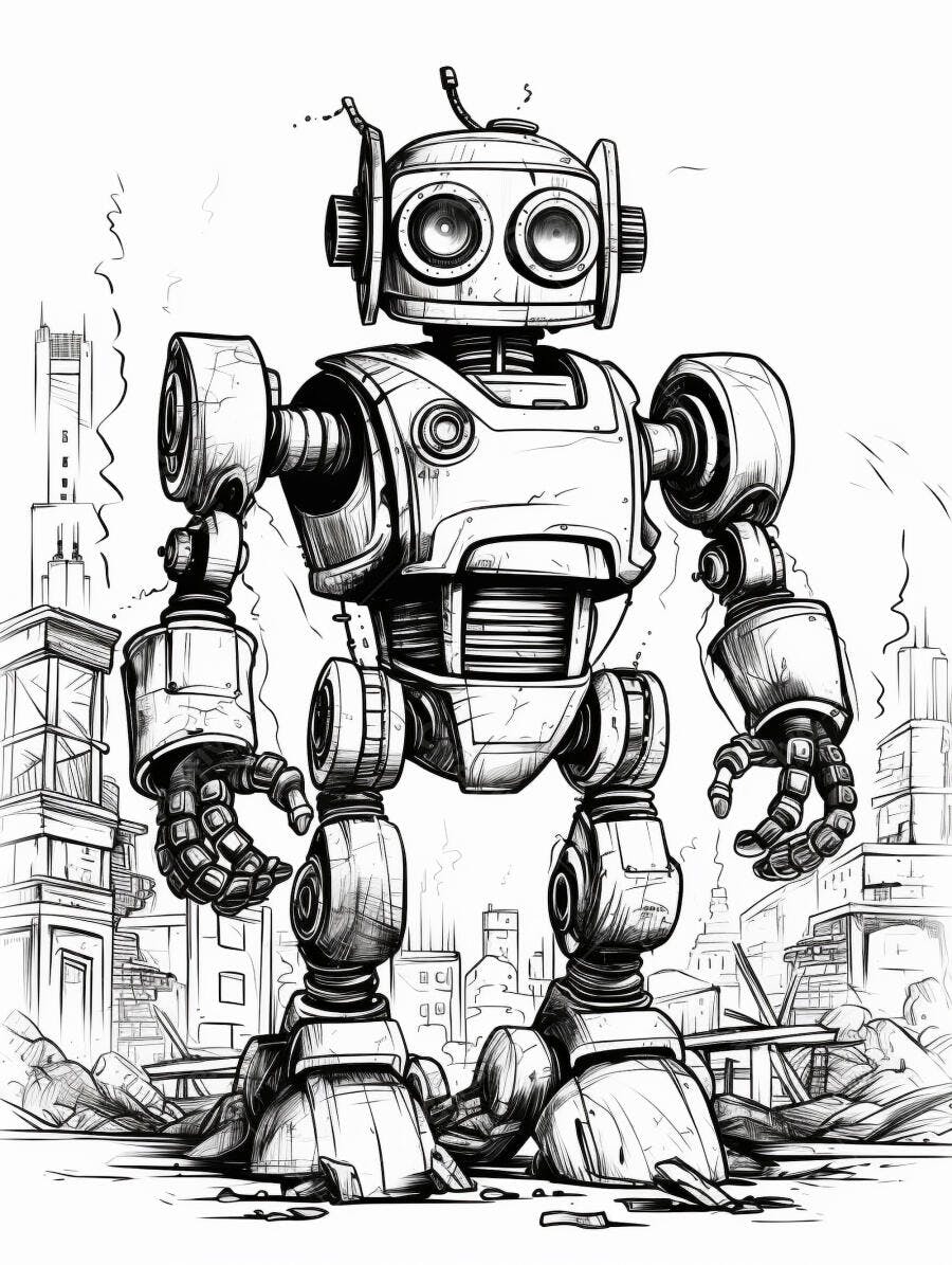 Ilustração de robô gigante em cidade futurista estilo desenho animado