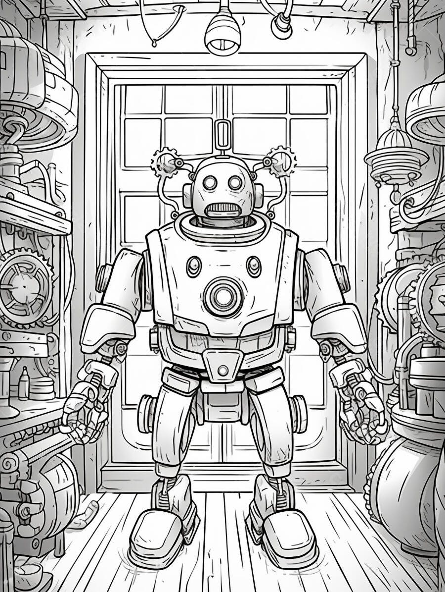 Robô vintage steampunk em oficina de inventor ilustração detalhada