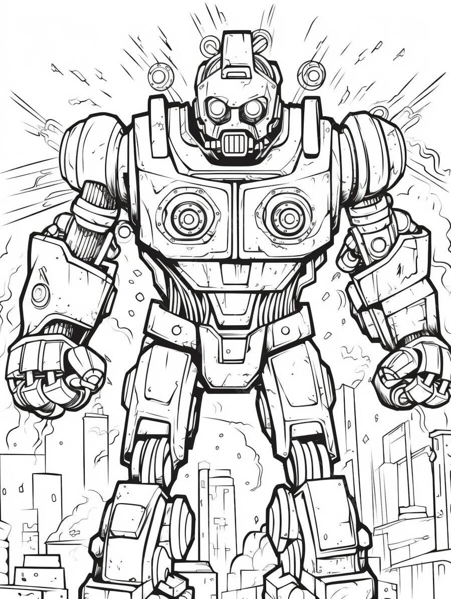 Robô gigante estilo mech em cidade futurista ilustração para colorir