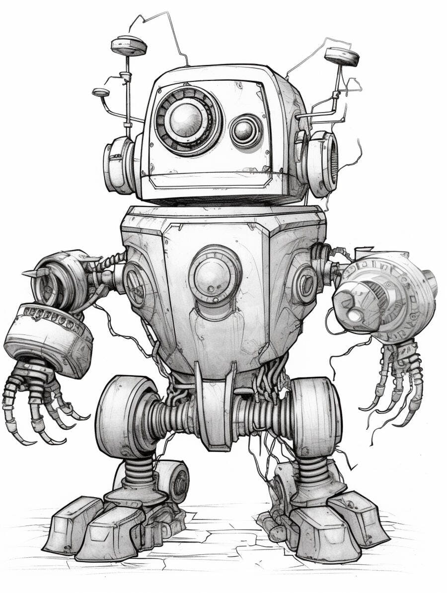 Robô mecânico vintage desenhado em cinza com olhos grandes e antenas