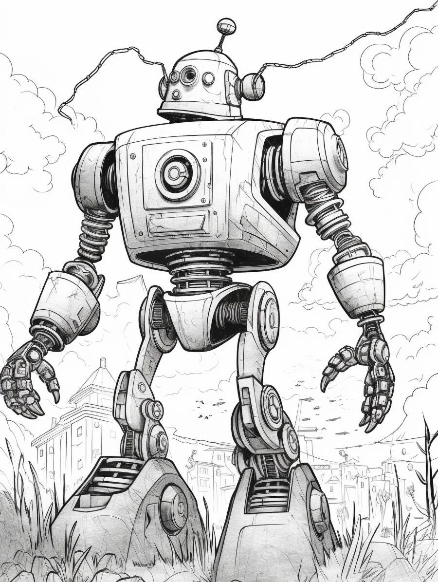 Robô gigante futurista vintage em paisagem urbana ilustração preto e branco