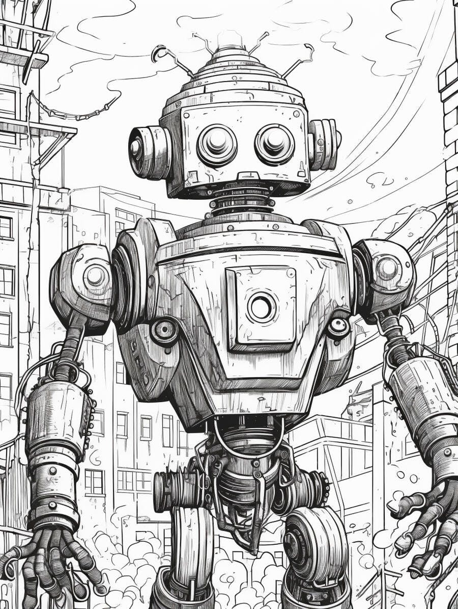 Robô gigante estilo vintage em paisagem urbana futurista