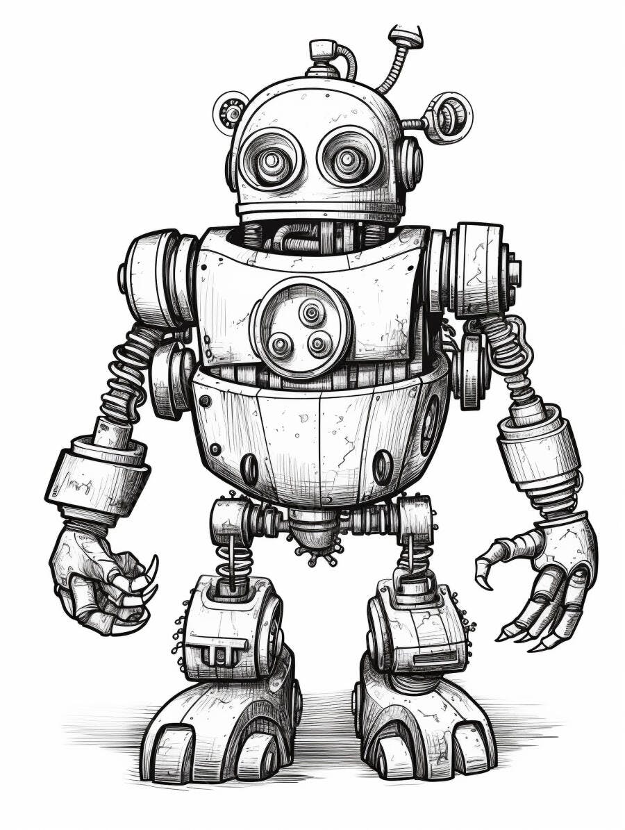Robô vintage metálico desenho em preto e branco com detalhes mecânicos