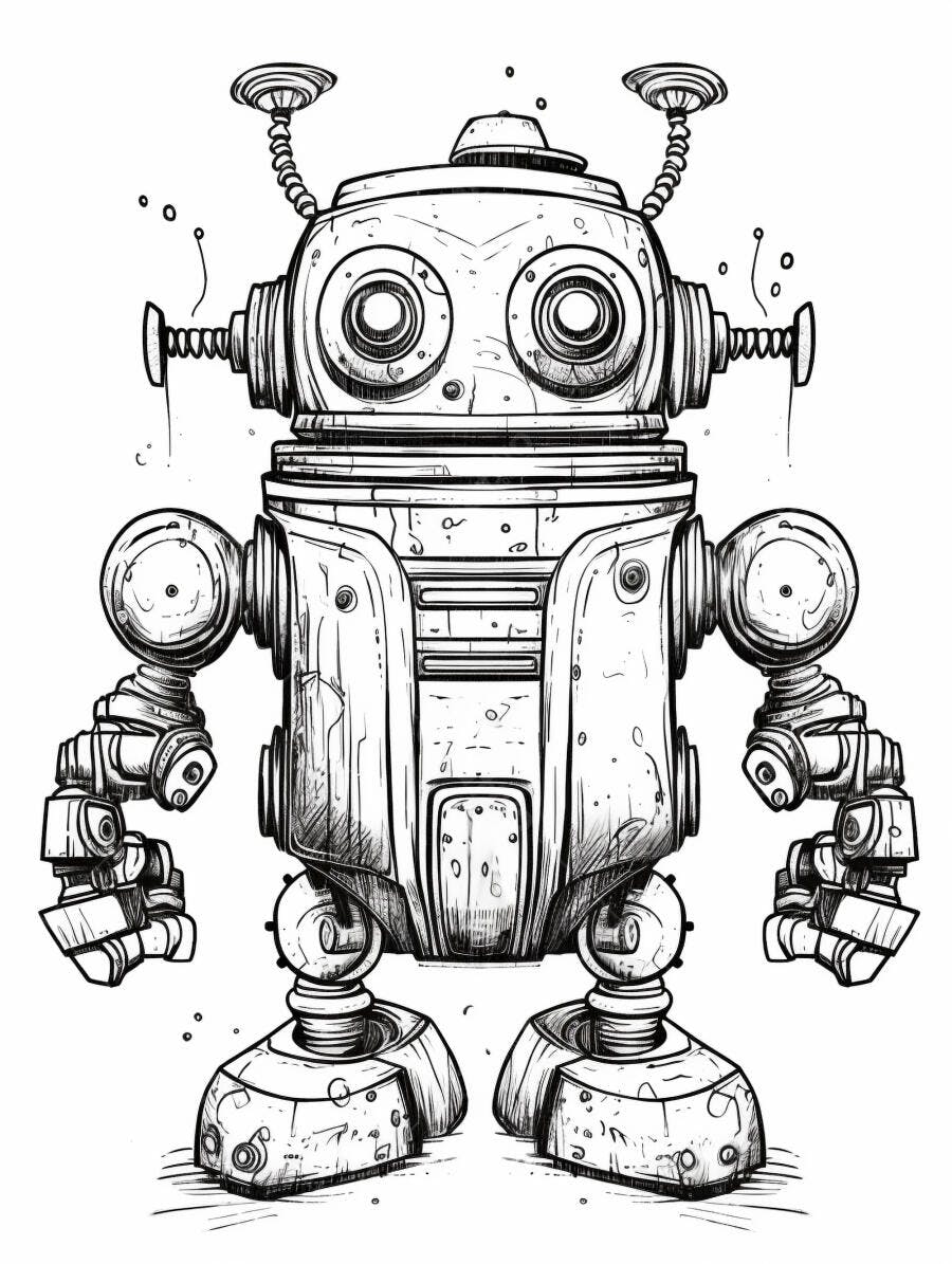 Robô cartoon vintage em desenho preto e branco com detalhes metálicos e antenas