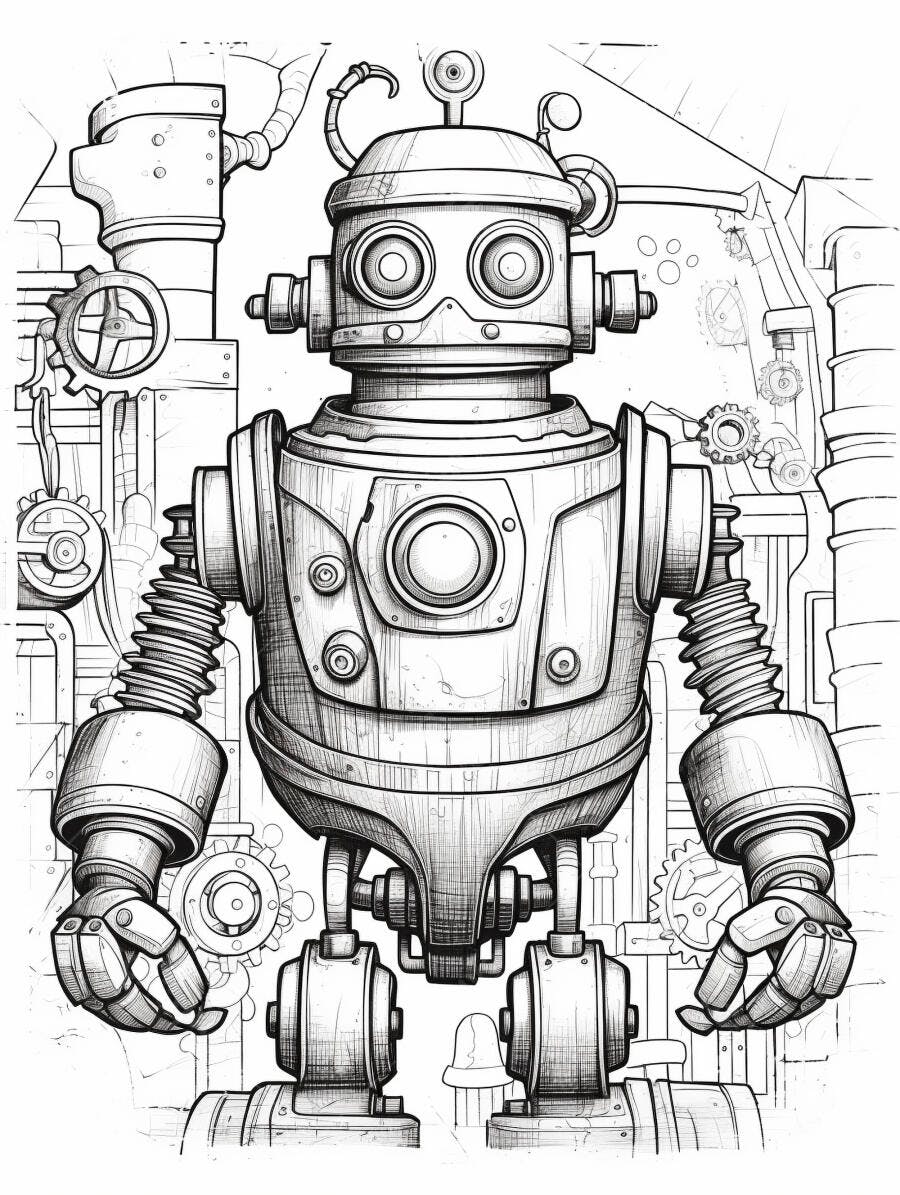 Robô vintage steampunk detalhado em desenho de linha preto e branco