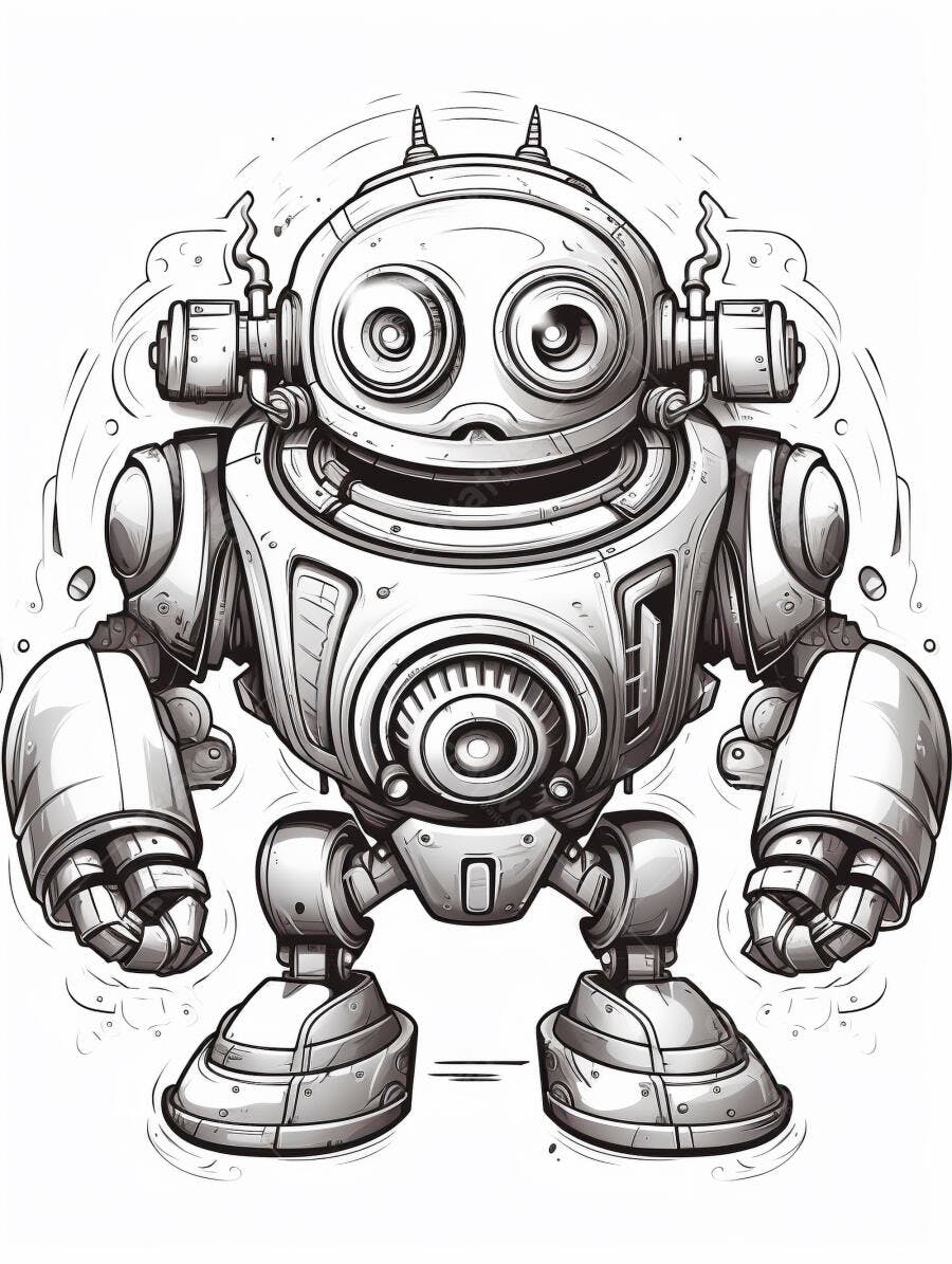 Robô fofo desenho animado preto e branco sorrindo com antenas e braços fortes