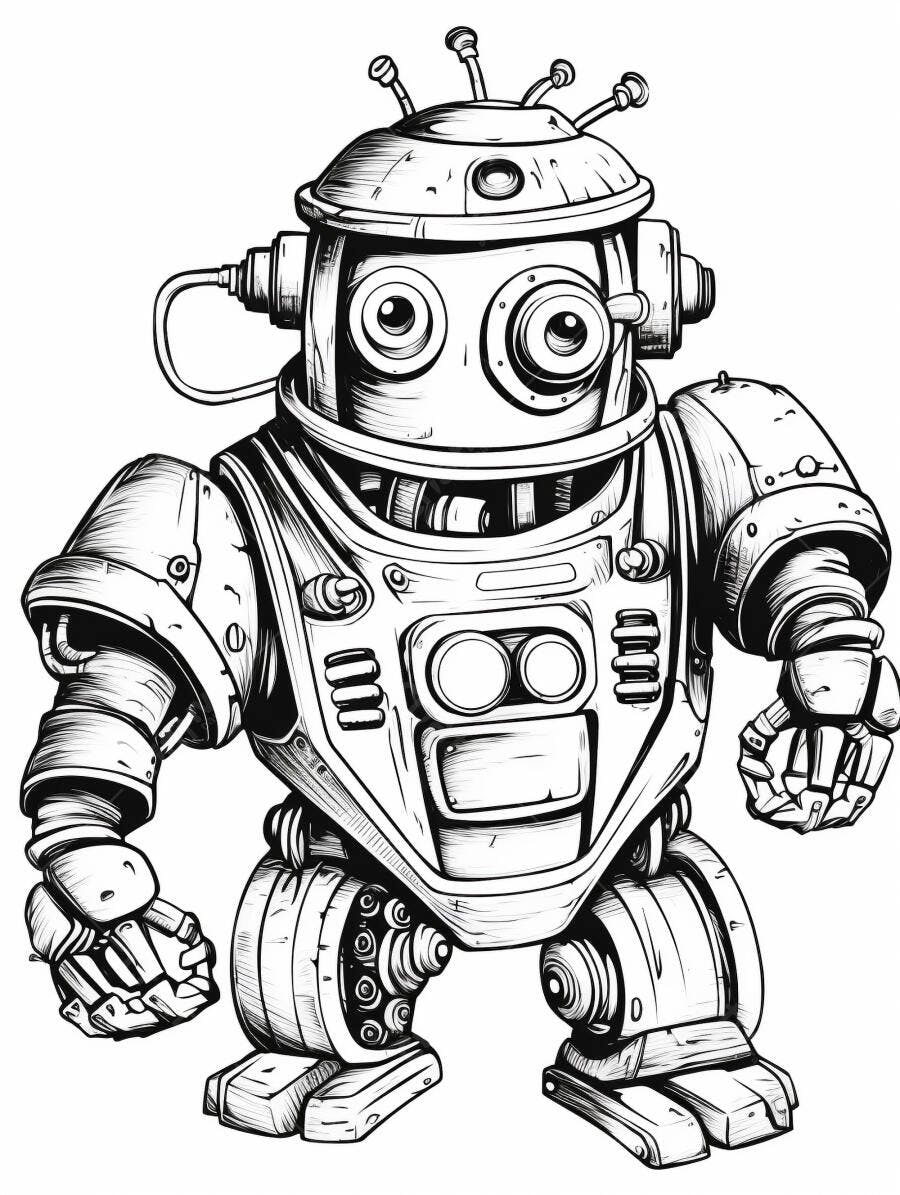 Robô vintage desenho animado ilustração em preto e branco divertido