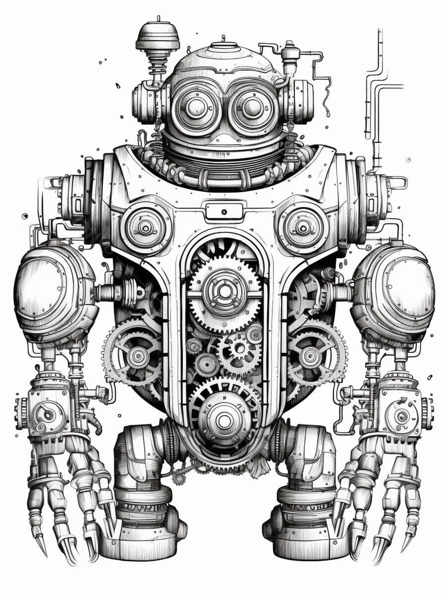 Robô steampunk vintage com engrenagens expostas ilustração preto e branco