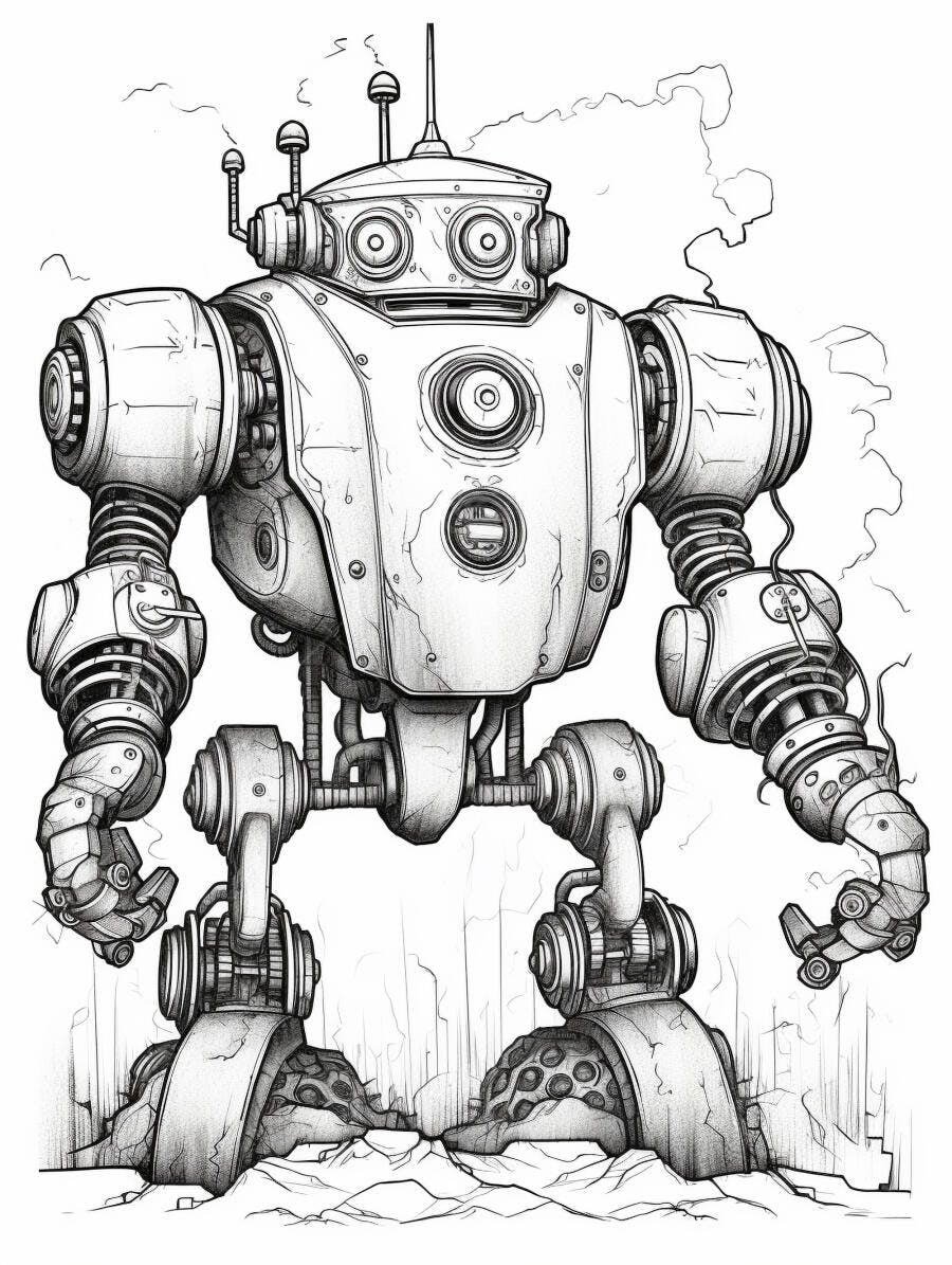 Robô mecânico cinza em desenho estilo vintage com solo rachado