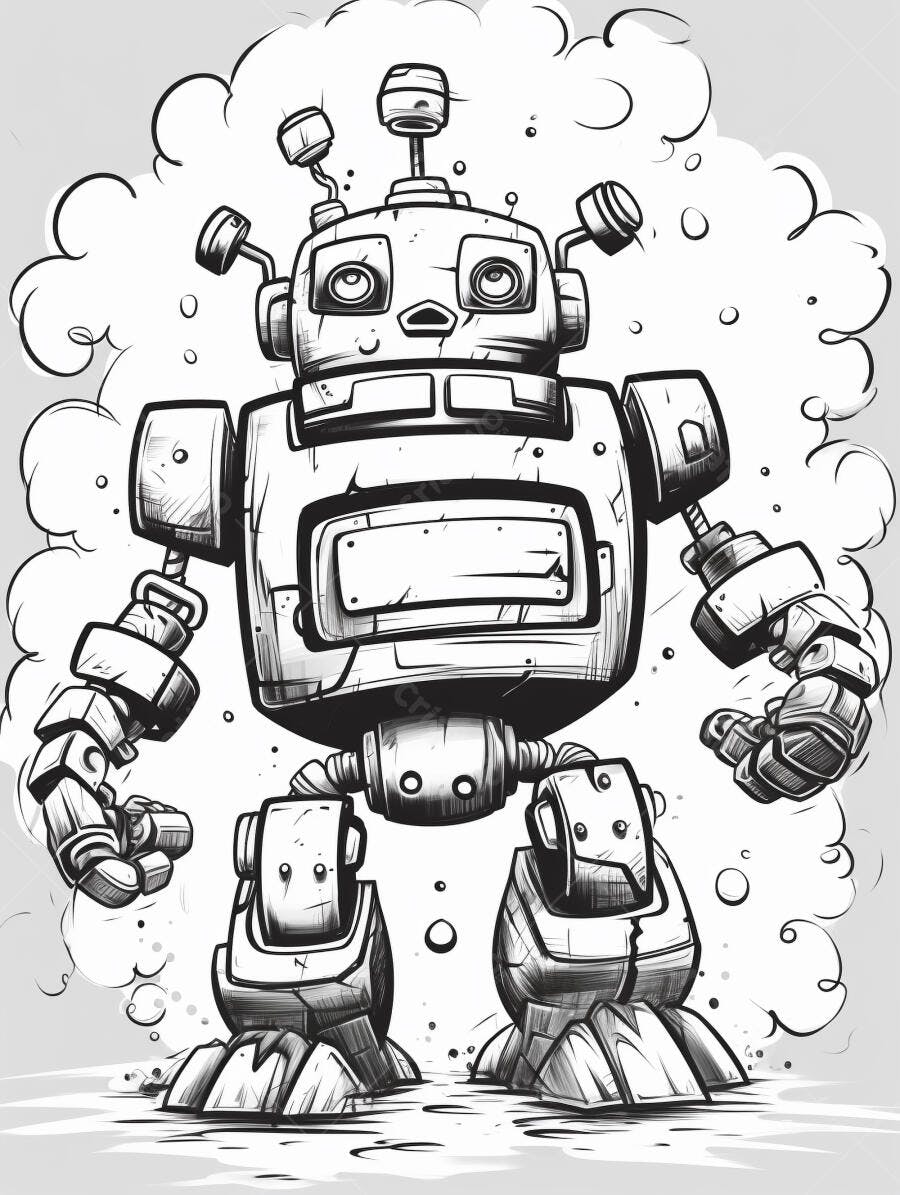 Robô de desenho animado preto e branco com fumaça vintage