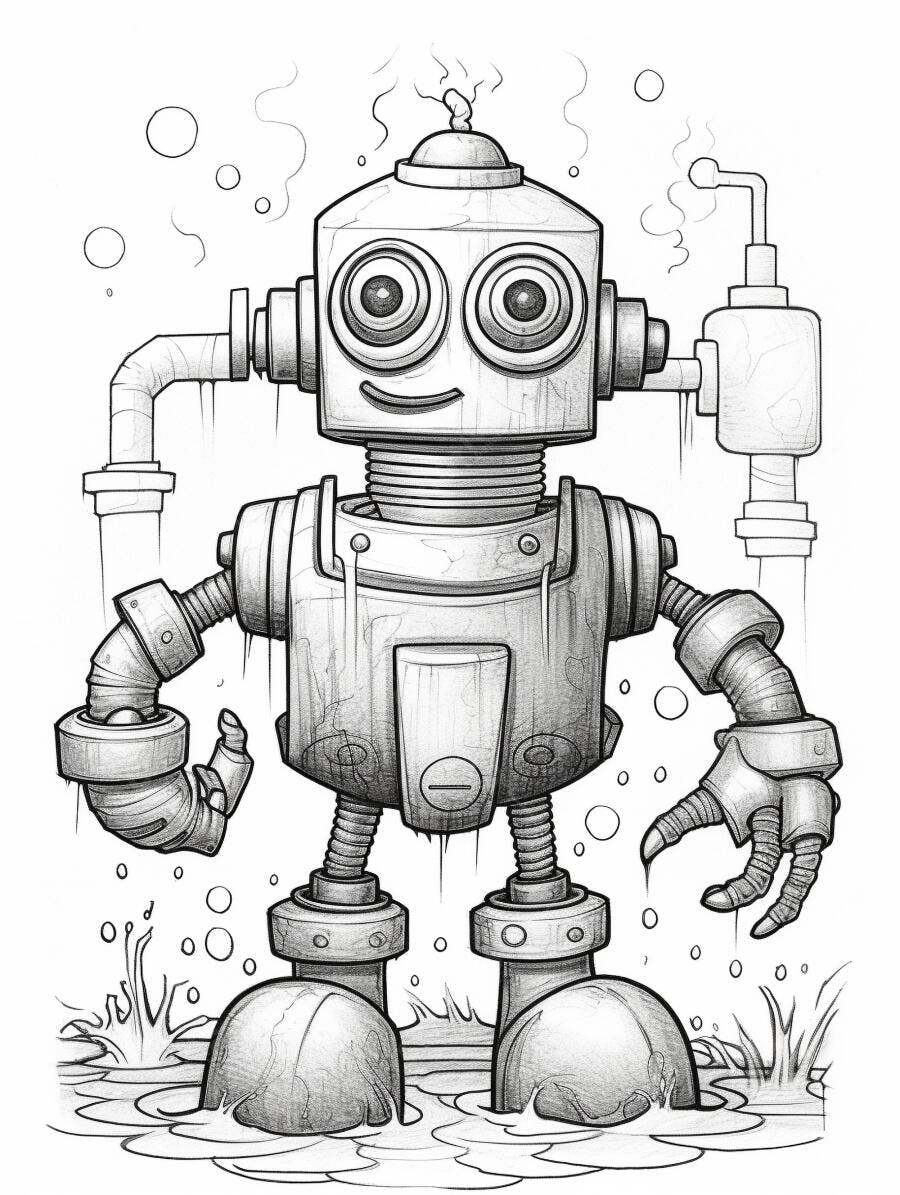 Robô cartoon sorrindo em água ilustração preto e branco com fumaça e tubos