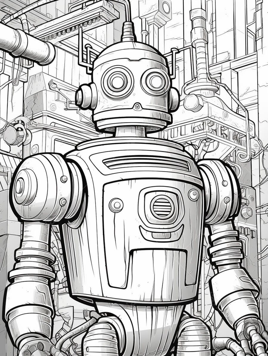 Robô vintage desenho linha preta e branca em ambiente industrial futurista detalhado
