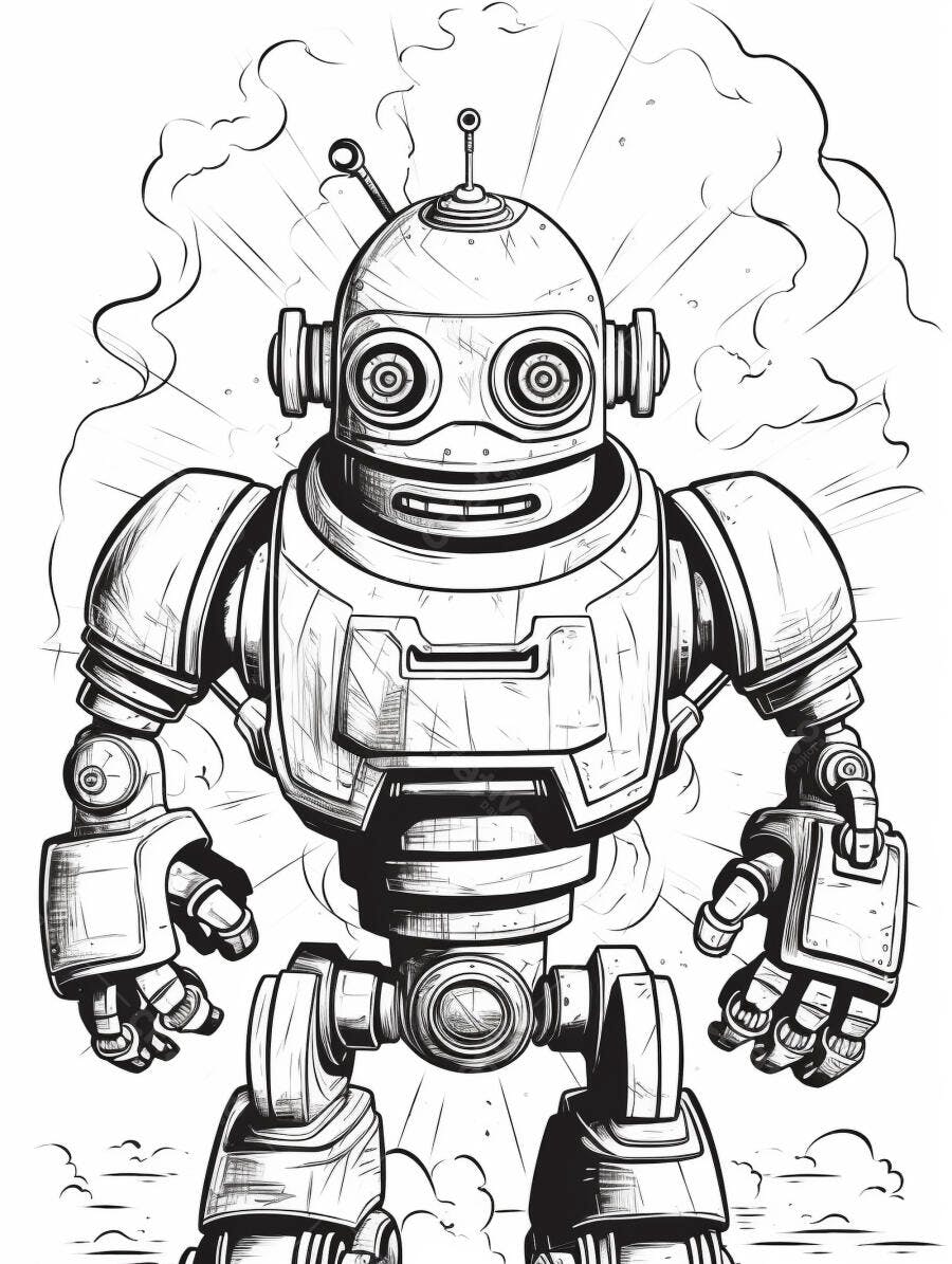 Robô vintage sorrindo ilustração preto e branco com fumaça