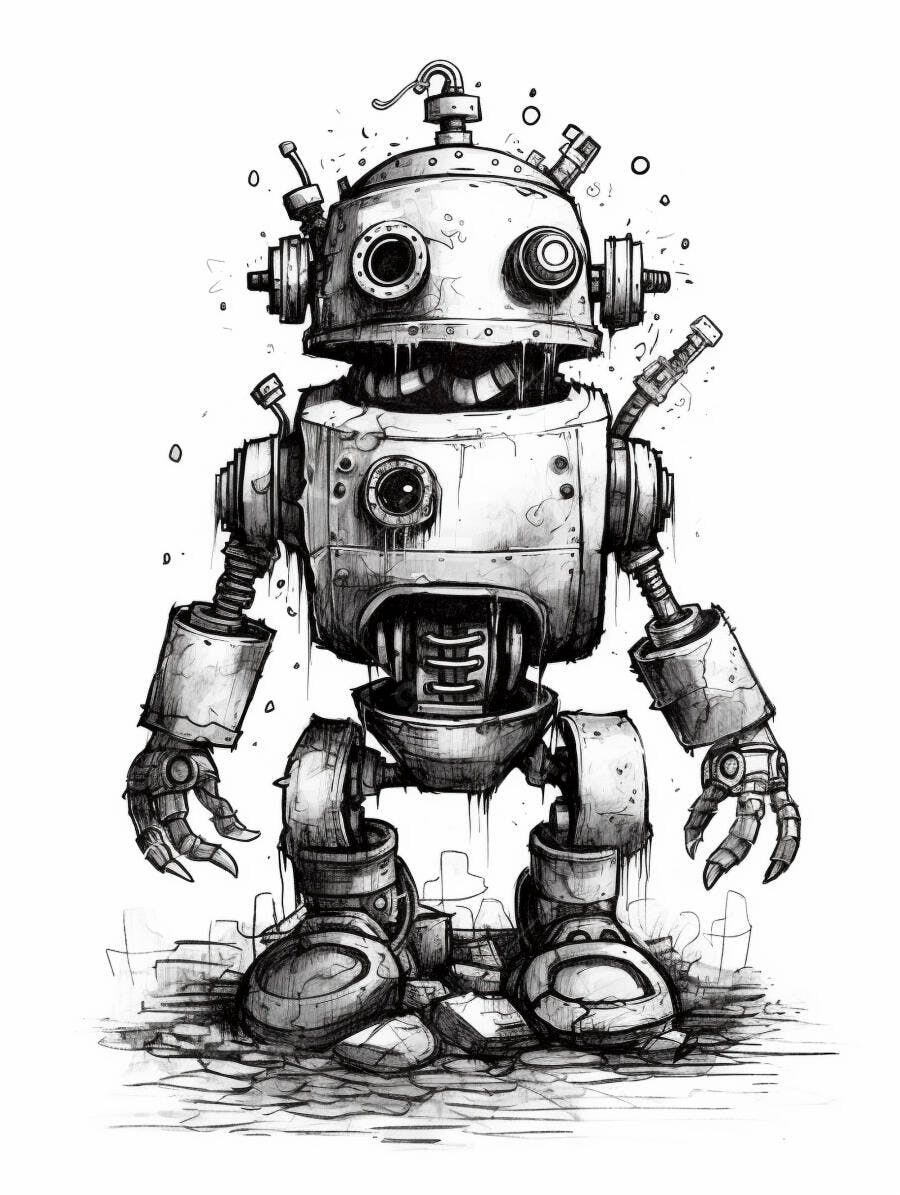 Robô retro com olhos grandes e corpo metálico em ilustração preto e branco